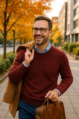 A smiling man walking in an urban setting, wearing a stylish burgundy sweater, light blue shirt, and glasses.