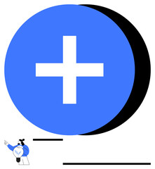 Blue circular plus sign casting shadow, minimalist figure with lightbulb, and abstract lines. Ideal for innovation, healthcare, teamwork, positivity, inspiration collaboration communication. Flat