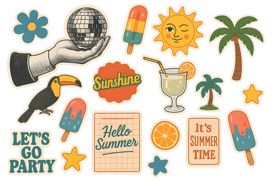 Collection set of summer-themed retro stickers isolated on transparent or white background, png