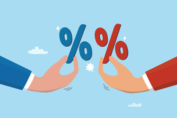 Tariff or import tax trade war, conflict between US and China causing economic recession, customs, regulation, import and export tax concept, businessman hold percentage sign metaphor of tariff tax.