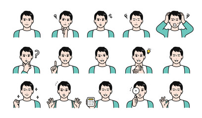 カーディガンを着た中年男性の表情バリエーションセット