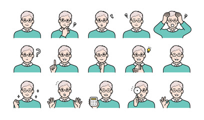 セーターを着た中年男性の表情バリエーションセット