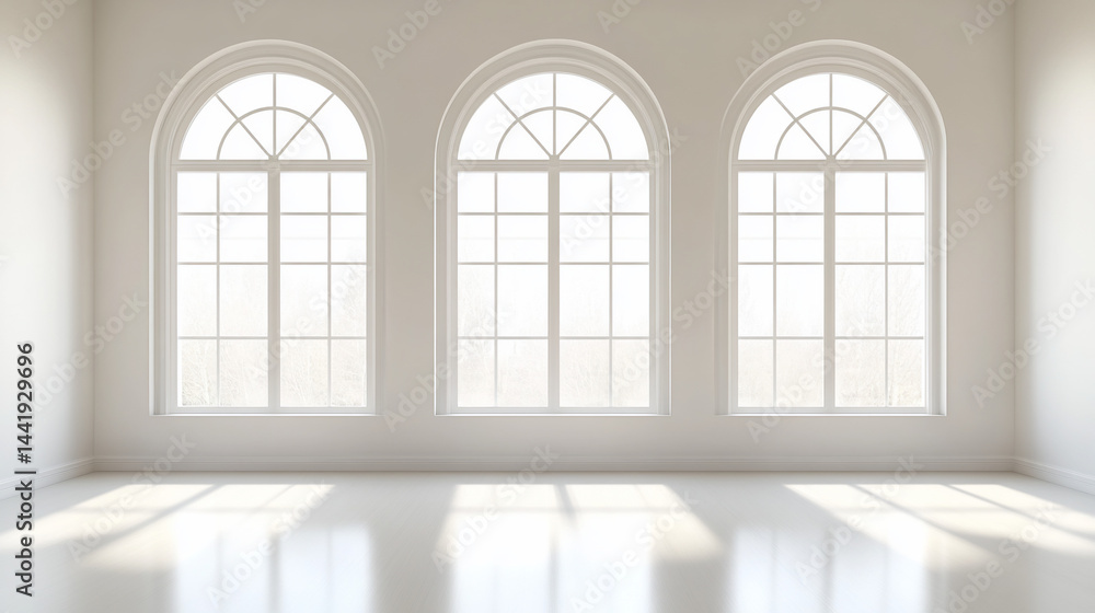 Poster three arched windows in a bright, minimalist room. sunlight streams through, illuminating the floor.