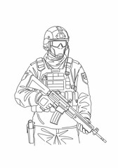 Fototapeta premium Standing Soldier Holding Rifle Line Art Illustration