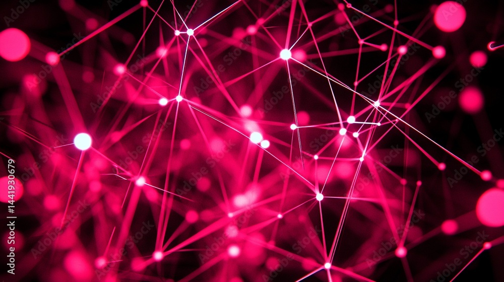 Poster Abstract pink network connection lines and dots on dark background.