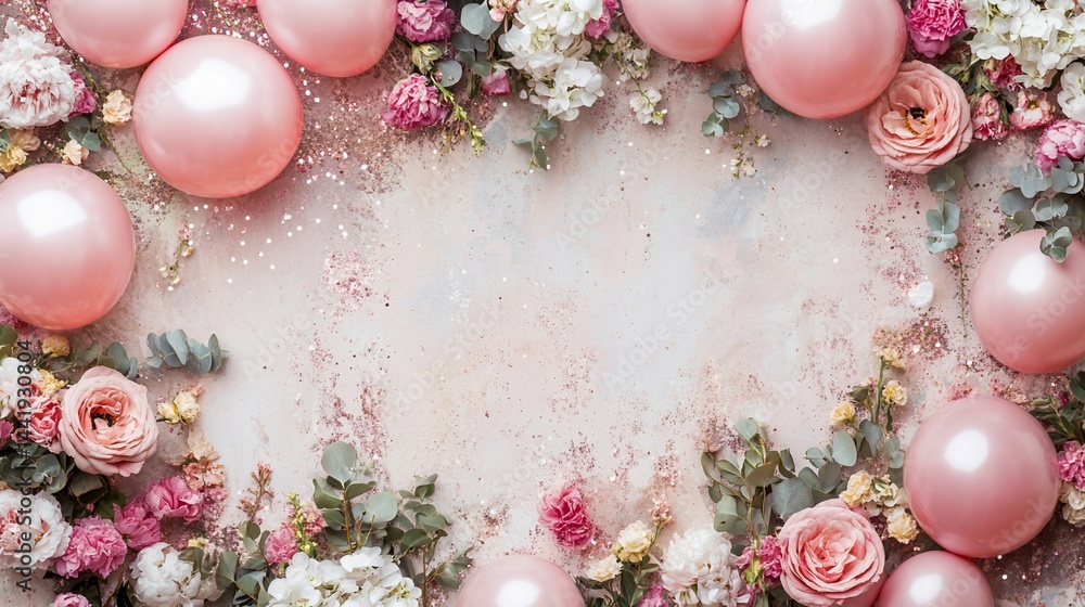 Poster pink balloons and flowers arranged in a frame on a textured background.