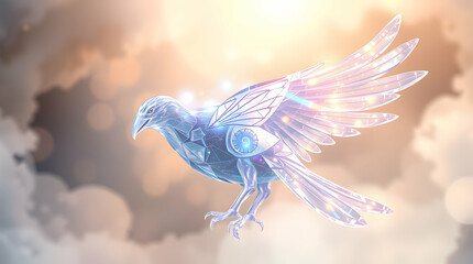 Obraz premium Crystalline avian soars amidst celestial clouds