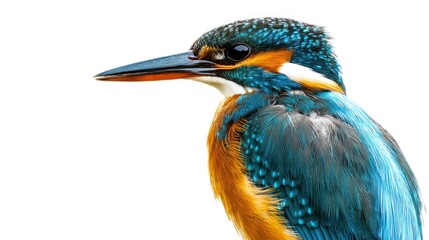 A kingfisher with iridescent feathers standing on white