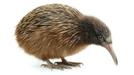 A kiwi bird foraging for food, against white