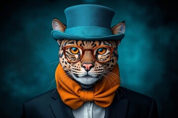 A leopard wearing a top hat and glasses with a bow tie