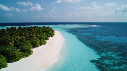 Fototapeta premium Aerial drone shot of breathtaking turquoise ocean waves crashing on pristine white sand beach, tropical paradise under clear blue sky with lush palm trees in the background, tranquil coastal landscape