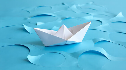 Naklejka premium Tiny paper boat sailing calm blue ocean waves a hopeful journey