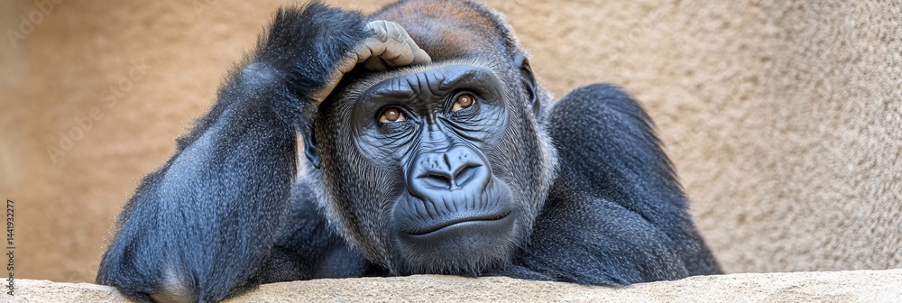 Poster pensive gorilla resting its head on its hand, showing intelligence and thoughtfulness.