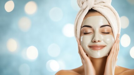 Enjoying a relaxing spa day with a green clay mask and a towel wrap in a soothing atmosphere with soft lights