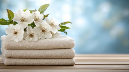 White towels stacked with fresh flowers on a wooden surface in a tranquil, softly lit environment