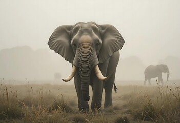 Obraz premium Majestic Elephant in Misty Meadow: A Serene Wildlife Painting