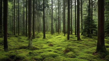 Fototapeta premium Serene green forest landscape with lush mossy ground sky calm park path deep dark trees woods image