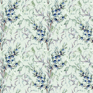 Delicate juniper twigs and curling vines in seamless botanical pattern isolated. Plants in sage green tones repeated texture hand painted watercolor prints for fabric, packaging, wallpaper, branding.