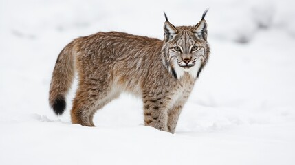 A lynx standing with tufted ears, looking alert, on a white background