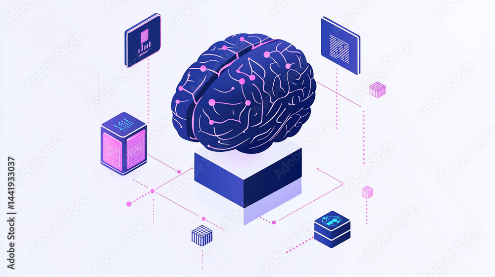 Poster Isometric illustration of a human brain connected to data cubes and digital interfaces, representing artificial intelligence or neural networks.