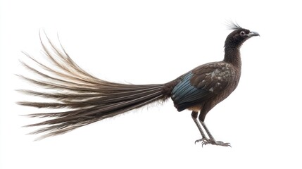 A lyrebird standing gracefully with long tail feathers, against white