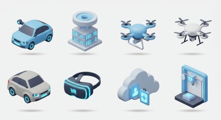 Isometric Future Tech: Self-Driving Cars, Drones, VR, Cloud, 3D Printer, Light Blue Glow.