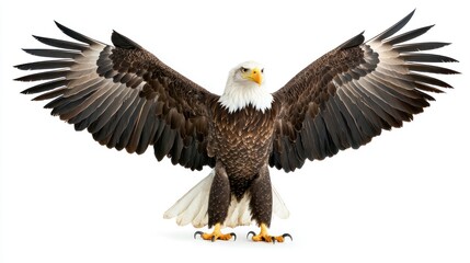 Fototapeta premium A majestic bald eagle standing proudly, isolated on a white background