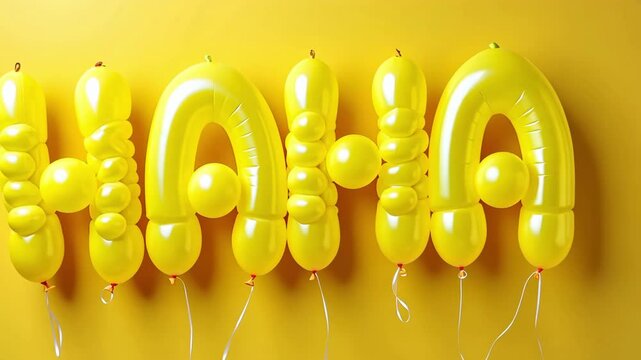 Yellow balloons spelling out the word HAHA on a yellow background