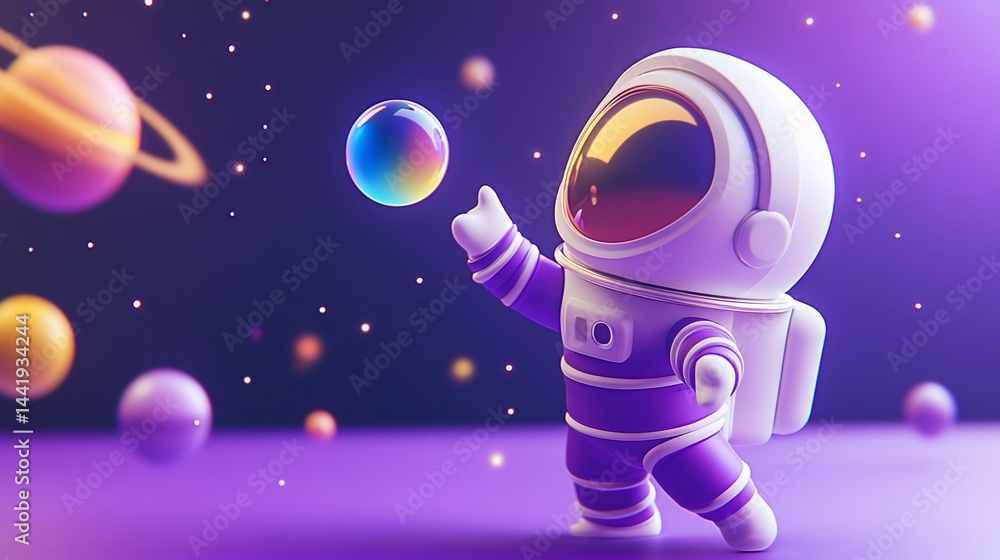 Aufkleber cute astronaut playing with a colorful orb in space, surrounded by planets.