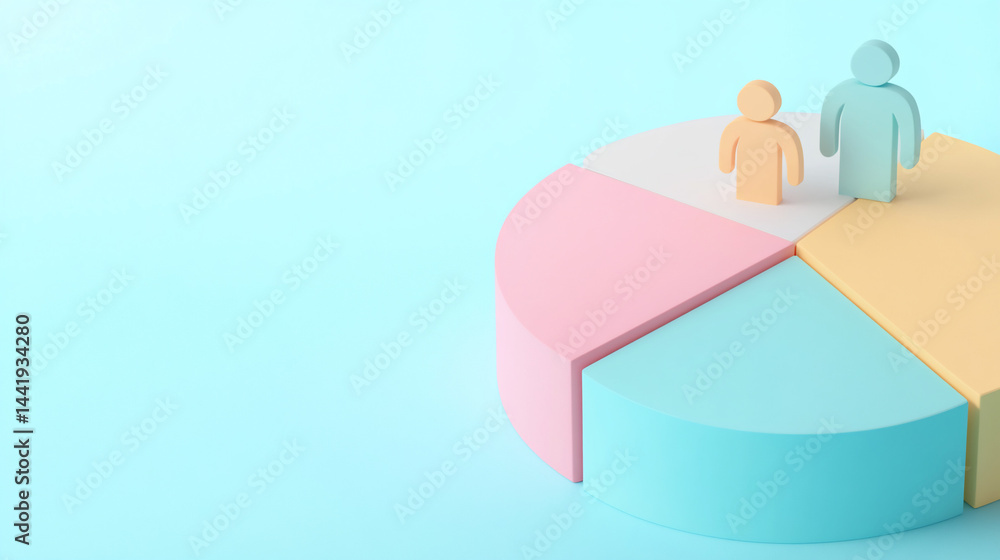 Aufkleber Pastel pie chart with two 3D figures representing data analysis or teamwork.