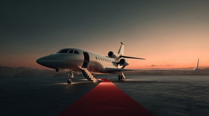 Private jet on a runway at sunset, red carpet laid out to the door, with elegant lighting and open stairs waiting. 