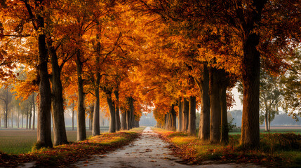 Long Path Lined with Tall Trees in Vibrant Autumn Colors Under Soft Sunlight