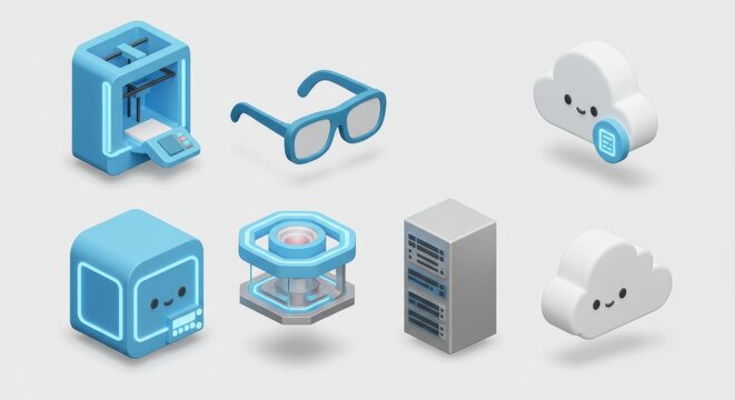 Isometric Tech Icons: 3D Printing, Cloud, and Data
