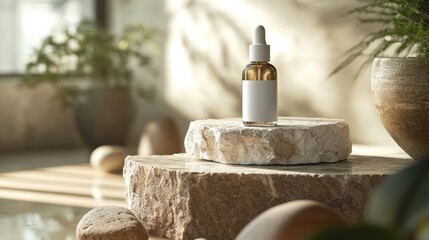 Amber glass bottle on stone platforms