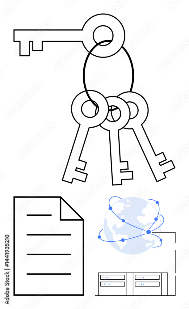Poster set of keys, document, globe with connecting lines, and servers symbolize data security, global acce