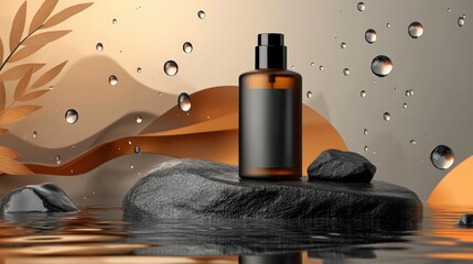 Amber cosmetic spray bottle on stone pedestal