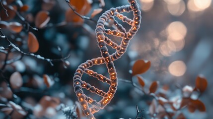 DNA molecule illuminated in nature during winter, showcasing the intricate structure among frosty leaves