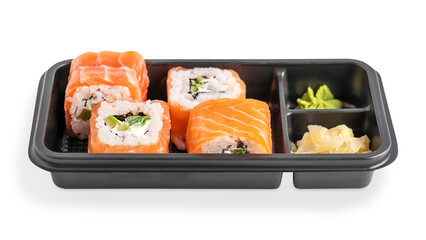 Side view of set of four classic Philadelphia sushi rolls made with raw salmon, cream cheese, cucumber, avocado slices, seaweed and boiled rice isolated on white packed with ginger and wasabi in box