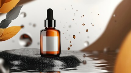 Amber glass dropper bottle on stone pedestal