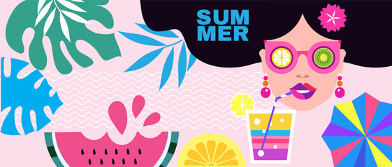 Pretty women, summer girl in cartoon style concept design, modern abstract background Vector cute flat illustration