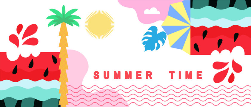 Summer time, Hello, summer -set cards in cartoon style concept design, modern abstract background