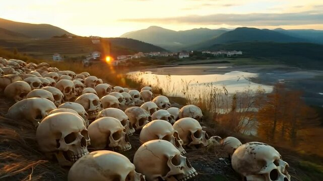 A large group of skulls sitting on top of a hillside next to a river