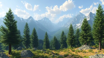 Majestic mountain landscape with evergreen trees and snow capped peaks sky sun art pine view calm