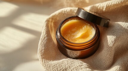 Golden skin cream jar on beige fabric