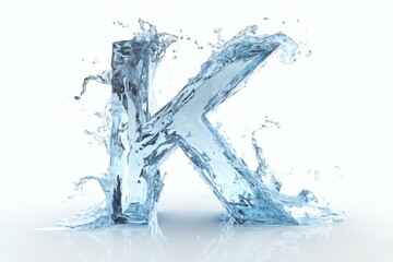 Letter K Liquid Form, Water Splashing, Clear, 3D Rendering, Isolated on White