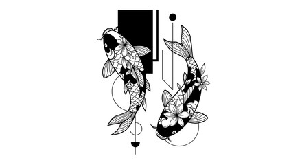 Fototapeta premium Minimalist Graphic Koi Carp Tattoo Design Modern minimalist koi carp tattoo design with geometric shapes and stylized flowers, perfect for branding or tattoo concepts