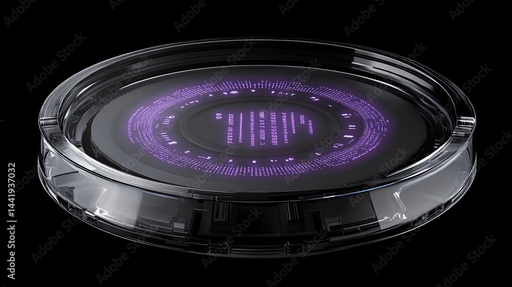 Poster Futuristic circular device with purple illuminated data display inside a transparent casing.