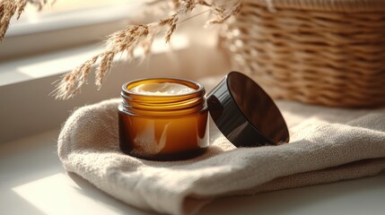 Cream jar on linen cloth with sunlight