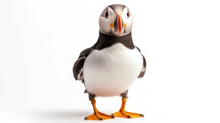 Obraz premium A puffin standing with its colorful beak, looking forward, on white