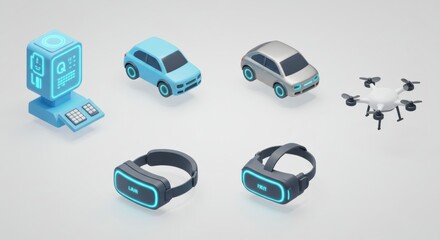 Isometric Future Tech: Autonomous Vehicle, Drone, VR Headsets, and Data Terminal.